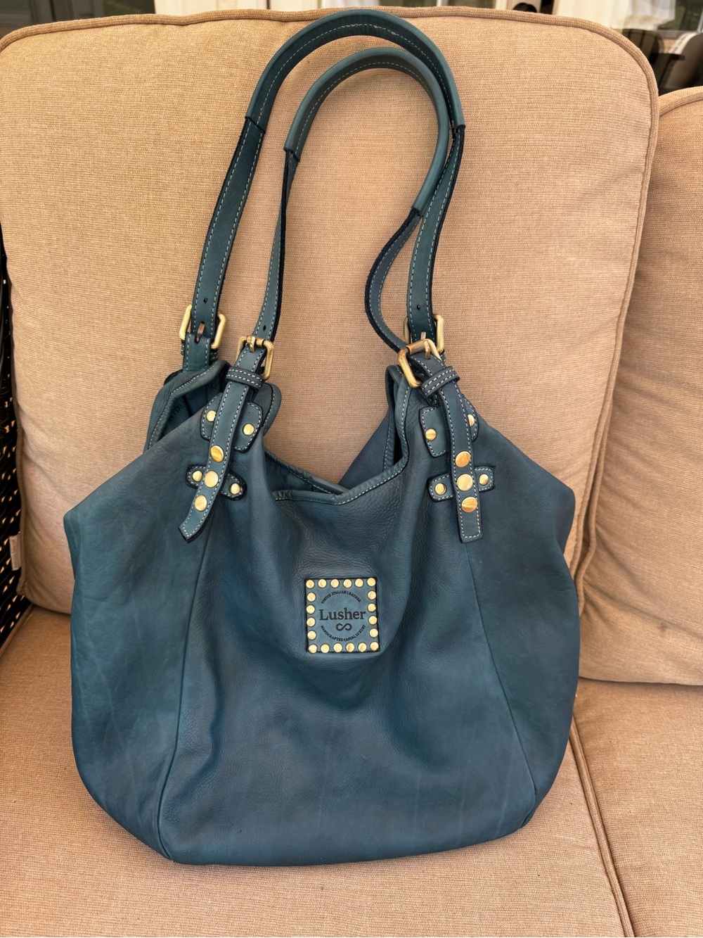 Lusher Teal Leather Shoulder Bag with Gold Stud Accents